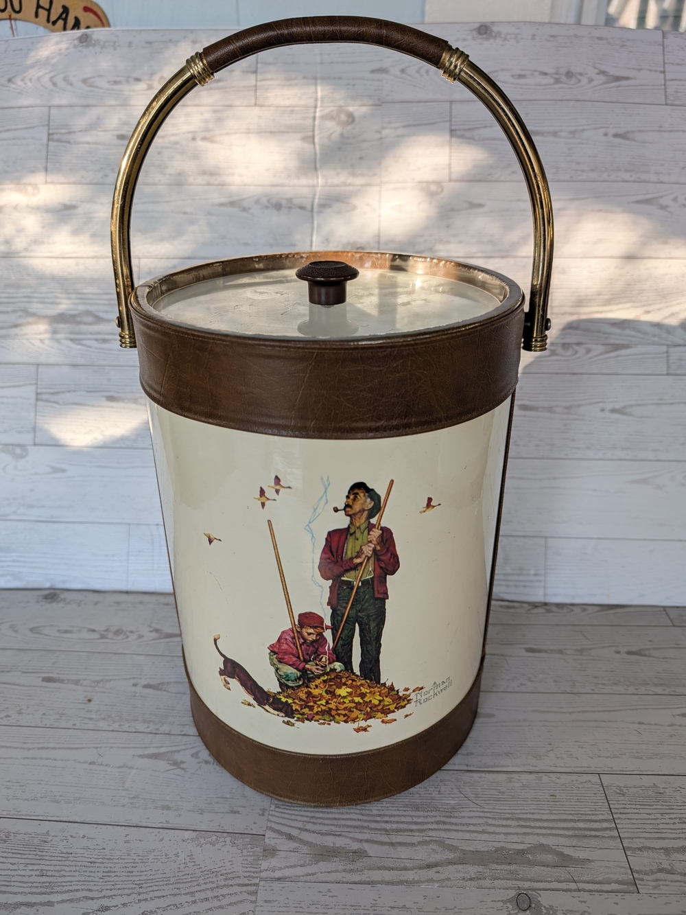 Vintage 1970s Norman Rockwell Ice Bucket Mid-Century Barware w/ faux leather